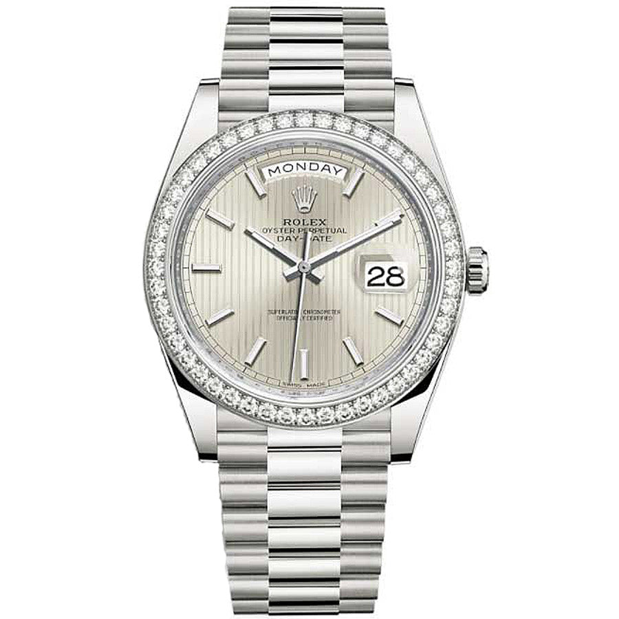 Rolex 1:1 Super Clone Day-Date 40 Presidential 228349 Diamond Bezel Silver Stripe Motif Dial