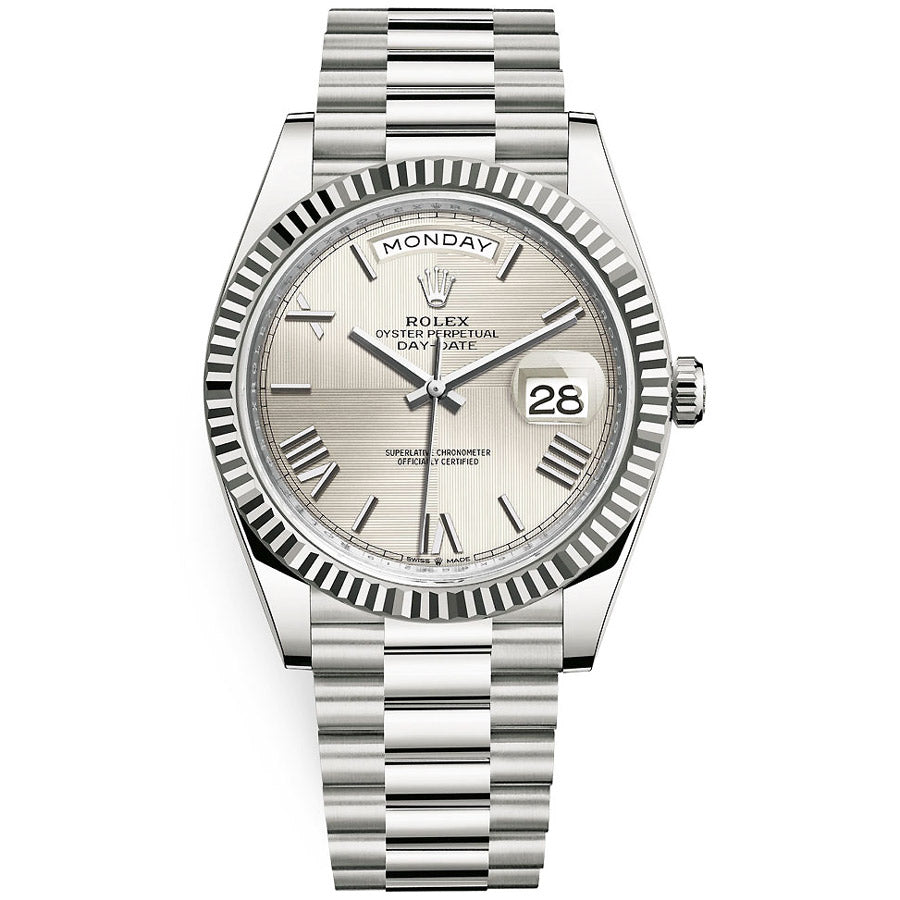 Rolex 1:1 Super Clone Day-Date 40 Presidential 228239 Fluted Bezel Silver Quadrant Motif Dial