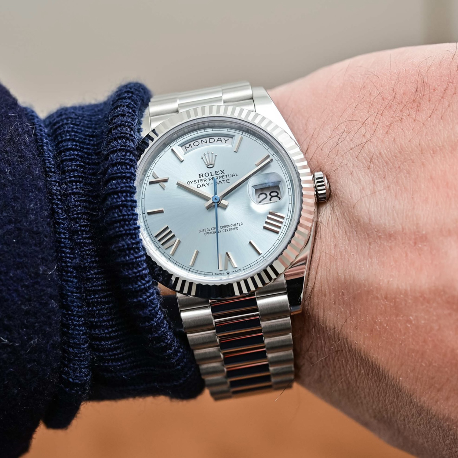 Rolex 1:1 Super Clone Oyster Perpetual Day-Date President 40mm in Platinum with Ice-Blue Dial Men's Watch 228236-0012 New