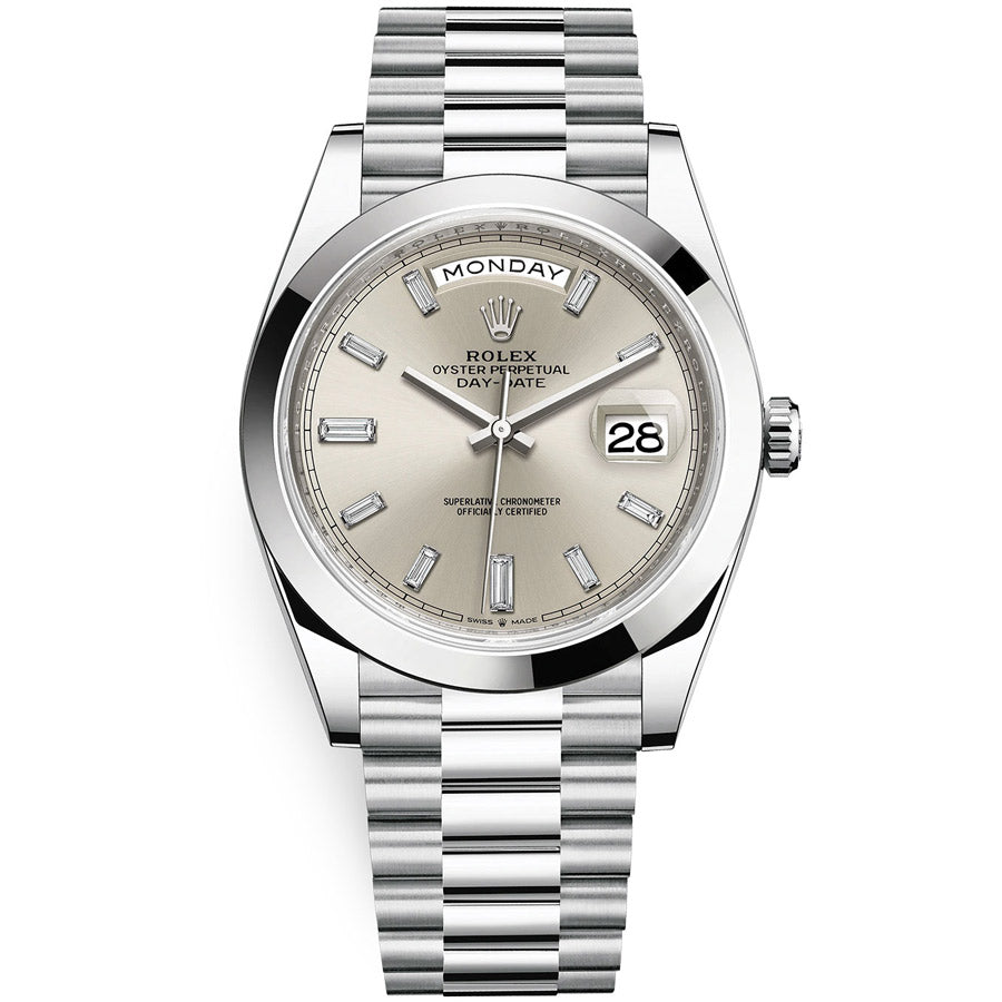 Rolex 1:1 Super Clone Day-Date 40 Platinum Presidential 228206 Smooth Bezel Baguette Diamond Silver Dial