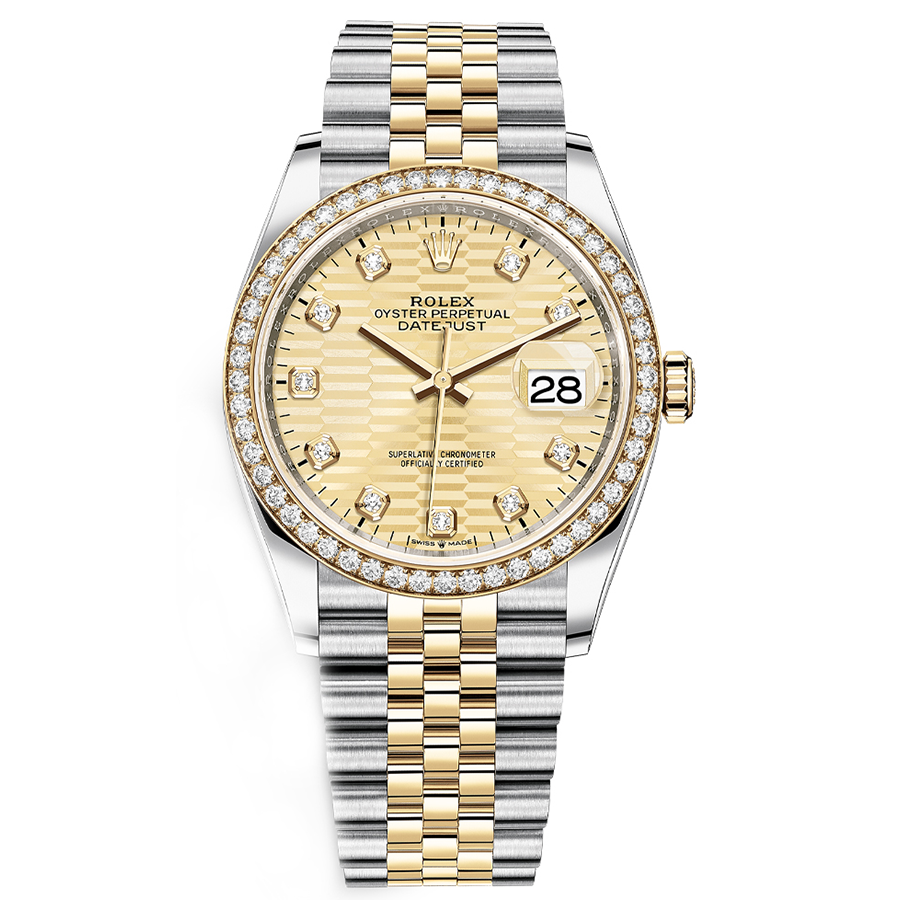 Rolex 1:1 Super Clone Datejust Golden Fluted Motif Diamond Dial Diamond Bezel 36mm 126283RBR