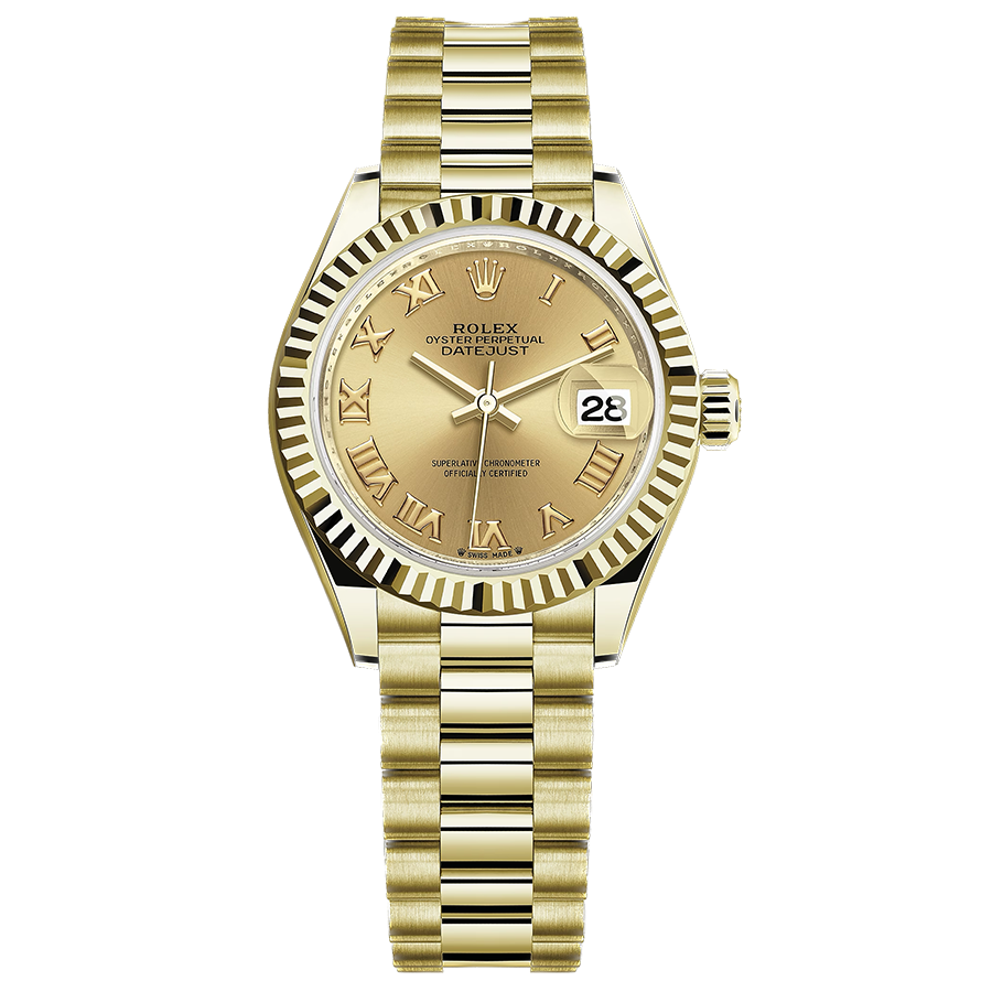 Rolex 1:1 Super Clone Lady-Datejust Champagne Roman Numeral Dial Fluted Bezel 28mm 279178