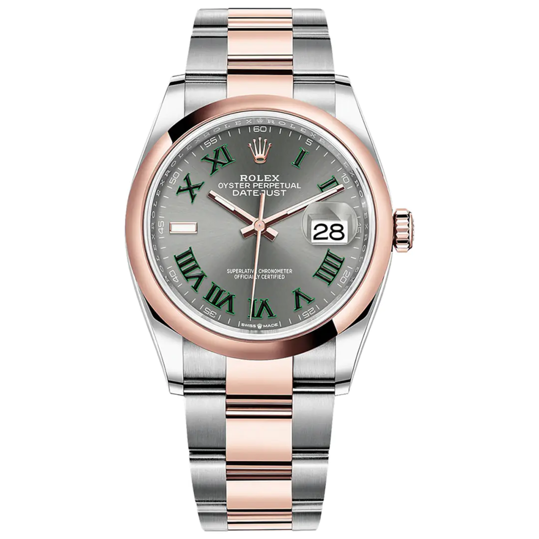 Rolex 1:1 Super Clone Datejust 36mm Gray Green Roman Wimbledon Dial Two Tone Rose Gold Smooth Bezel