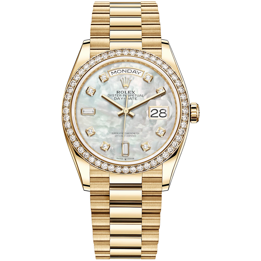 Rolex 1:1 Super Clone Day-Date Mother Of Pearl Diamond Dial Diamond Bezel 36mm 128348RBR