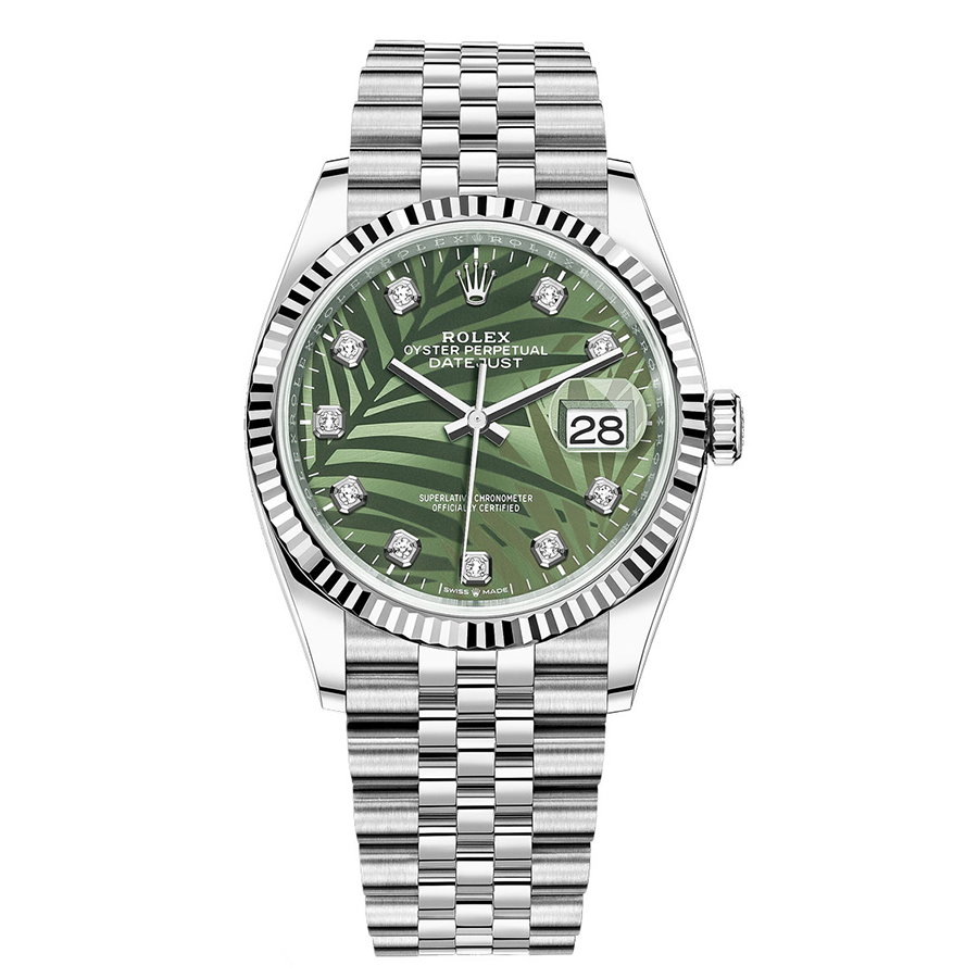Rolex 1:1 Super Clone Datejust Olive Green, Palm Motif Diamond Dial Fluted Bezel 36mm 126234