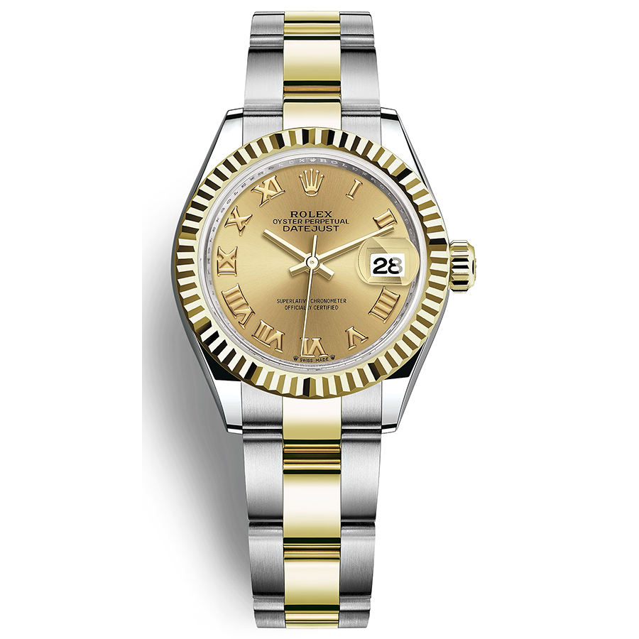 Rolex 1:1 Super Clone Lady-Datejust Champagne Roman Numeral Dial Fluted Bezel 28mm 279173