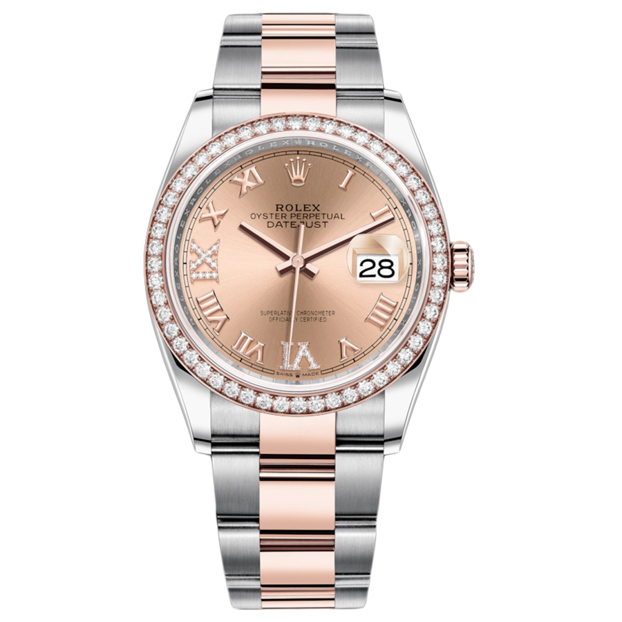 Rolex 1:1 Super Clone Datejust Rose Roman Numeral Dial Diamond Bezel 36mm 126281RBR