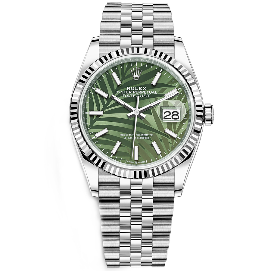 Rolex 1:1 Super Clone Datejust Olive Green, Palm Motif Dial Fluted Bezel 36mm 126234