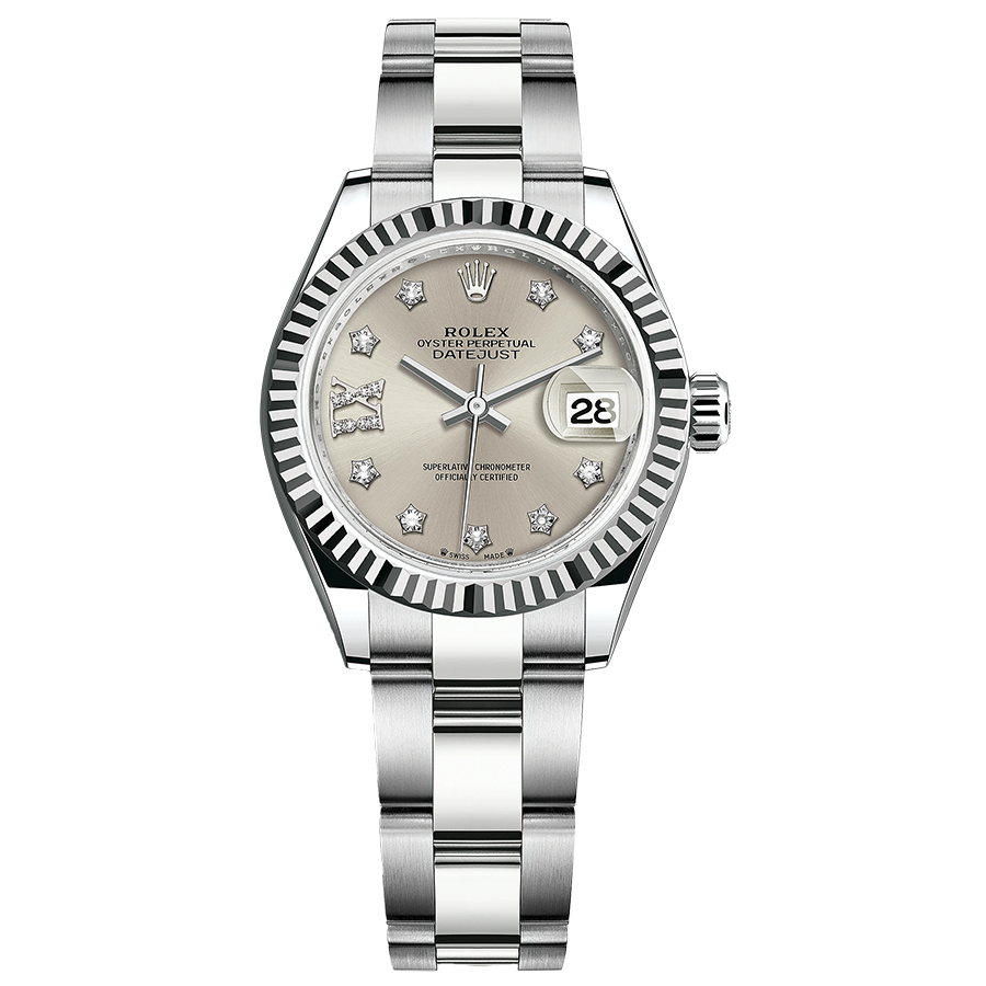 Rolex 1:1 Super Clone Lady-Datejust Silver Diamond Star Dial Fluted Bezel 28mm 279174