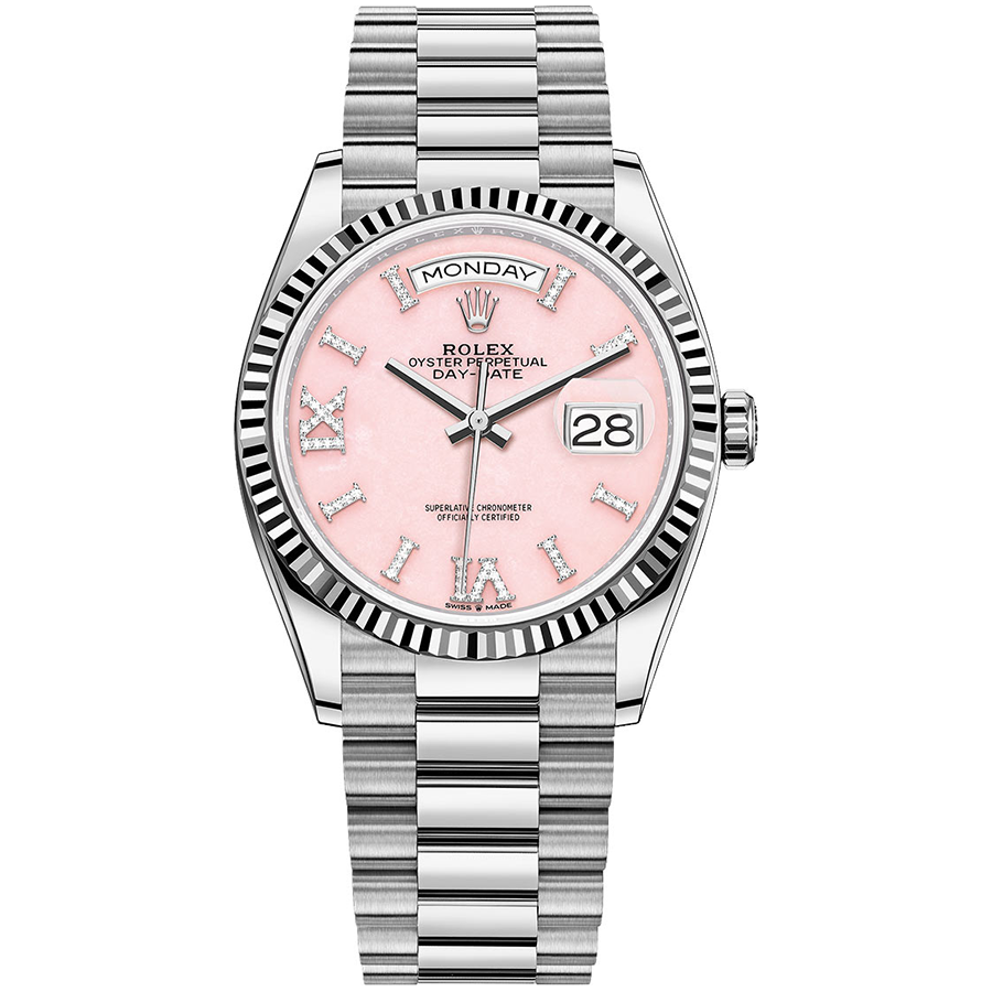 Rolex 1:1 Super Clone Day-Date Pink Diamond Roman Numeral Dial Fluted Bezel 36mm 128239