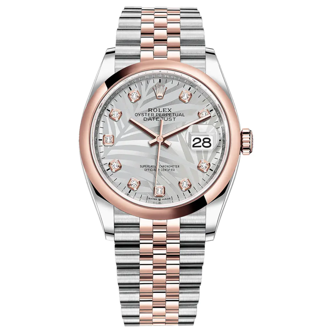 Rolex 1:1 Super Clone Datejust Silver Palm Motif Diamond Dial Domed Bezel 36mm 126201 Jubilee