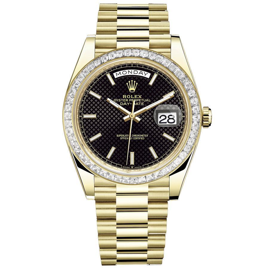 Rolex 1:1 Super Clone Day-Date 40 Presidential 228398 Baguette Diamond Bezel Black Dial