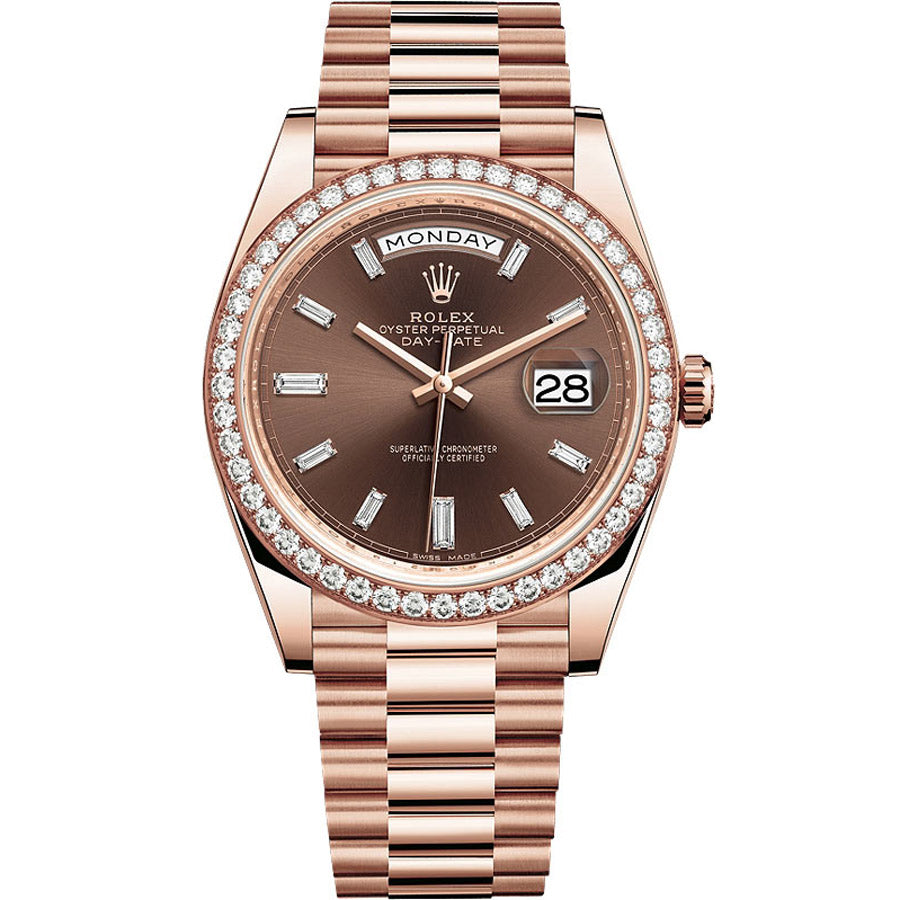 Rolex 1:1 Super Clone Day-Date 40 Presidential 228345 Diamond Bezel Baguette Chocolate Dial