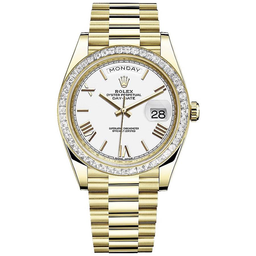 Rolex 1:1 Super Clone Day-Date 40 228398 Baguette Diamond Bezel White Dial