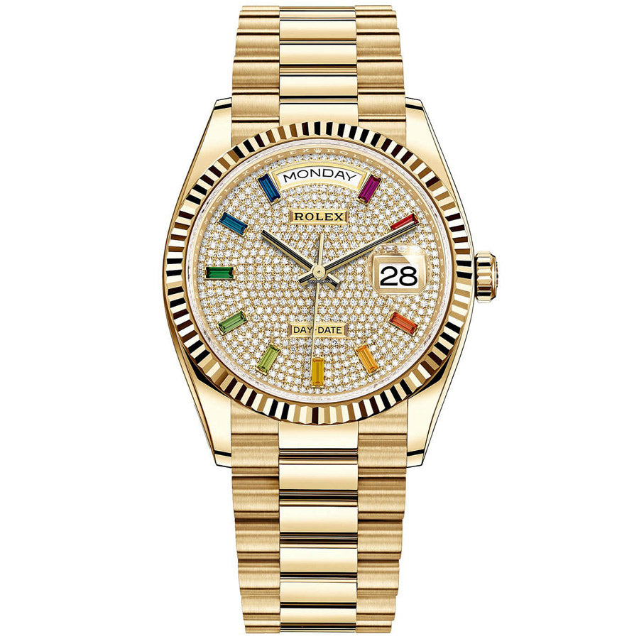 Rolex 1:1 Super Clone Day-Date 36mm Presidential 128238 Fluted Bezel Diamond Paved Dial