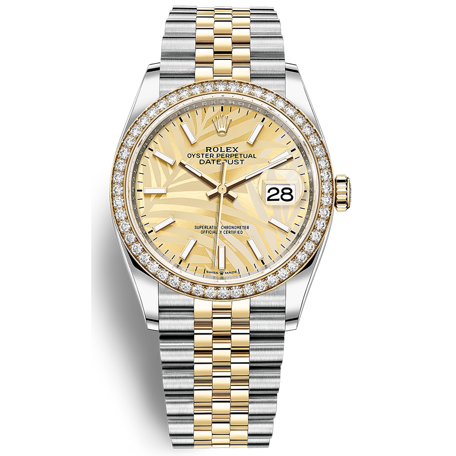 Rolex 1:1 Super Clone Datejust Golden Palm Motif Dial Diamond Bezel 36mm 126283RBR