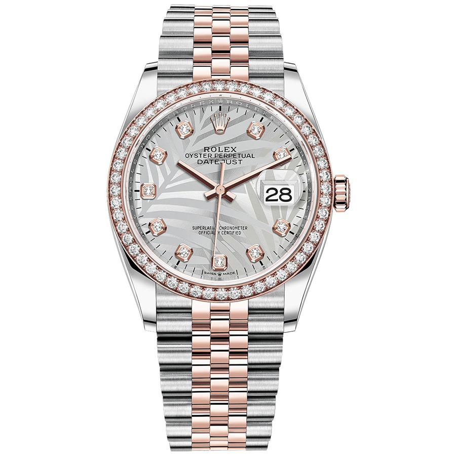 Rolex 1:1 Super Clone Datejust Silver Palm Motif Diamond Dial Diamond Bezel 36mm 126281RBR