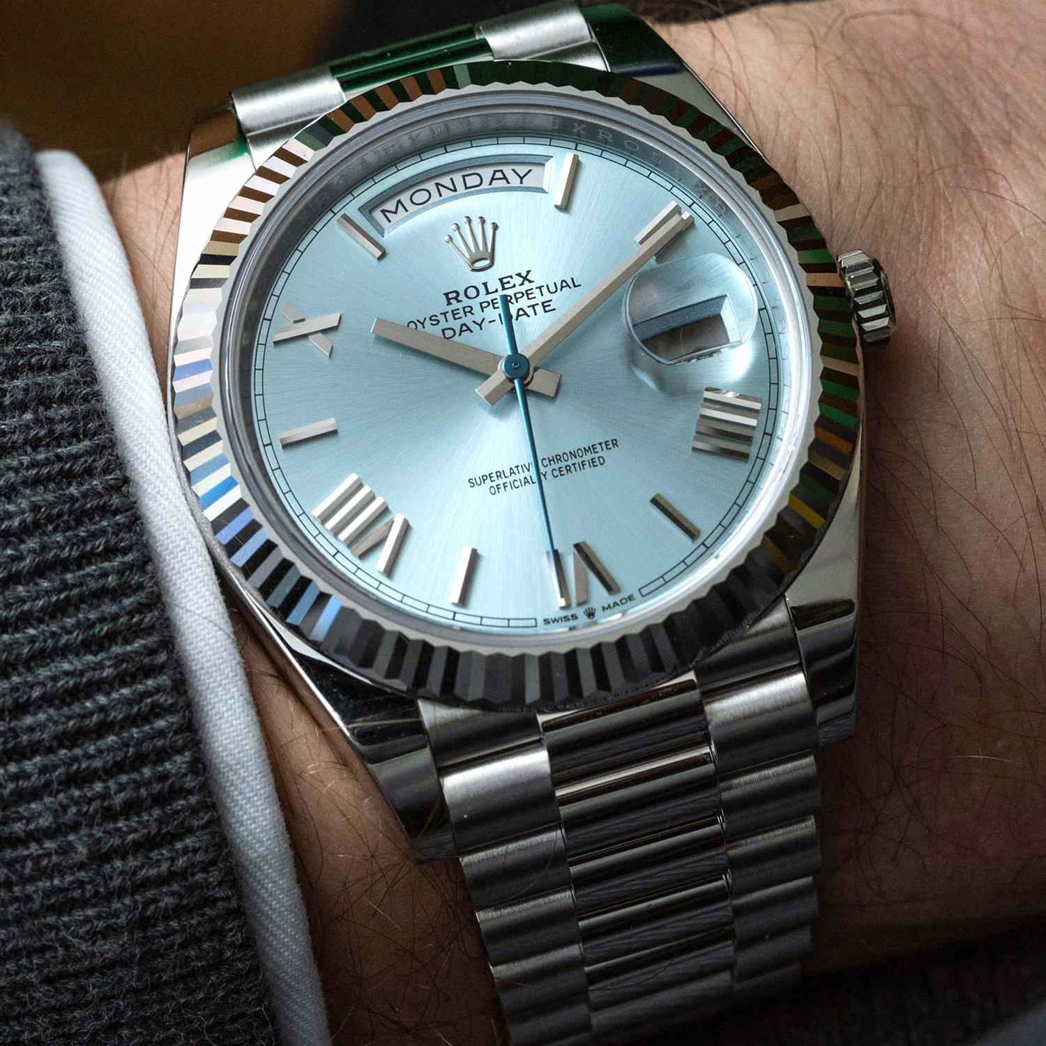 Rolex 1:1 Super Clone Oyster Perpetual Day-Date President 40mm in Platinum with Ice-Blue Dial Men's Watch 228236-0012 New