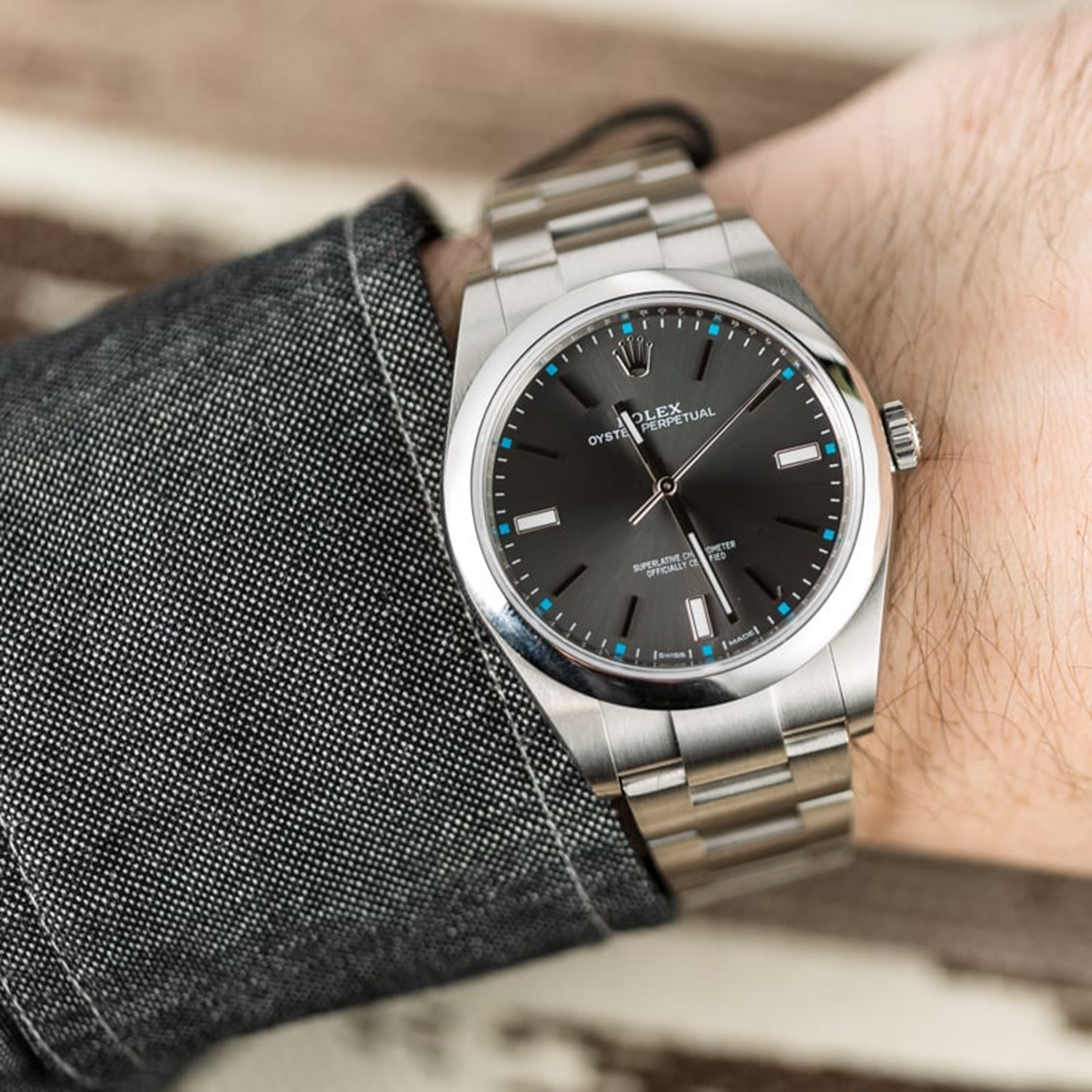 Rolex 1:1 Super Clone Oyster Perpetual 39mm Dark Rhodium Dial Watch 114300-0001
