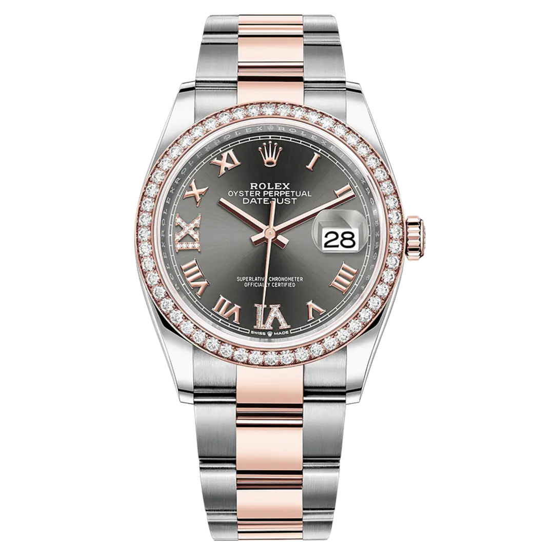 Rolex 1:1 Super Clone Datejust 36mm Rhodium Slate Pave Diamond Dial Diamond Bezel Oyster Bracelet