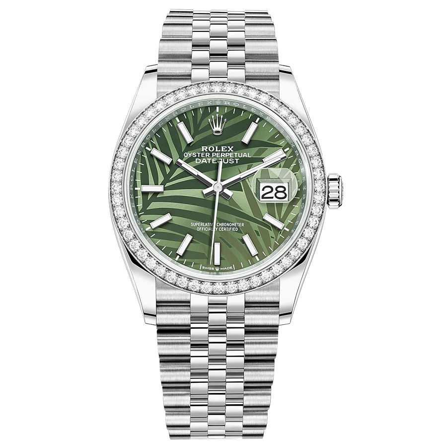 Rolex 1:1 Super Clone Datejust Olive Green Palm Motif Dial Diamond Bezel 36mm 126284RBR