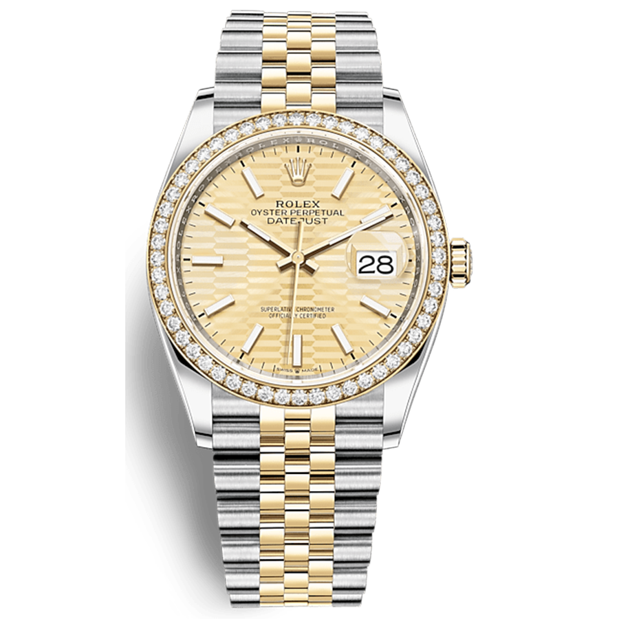 Rolex 1:1 Super Clone Datejust Golden Fluted Motif Dial Diamond Bezel 36mm 126283RBR