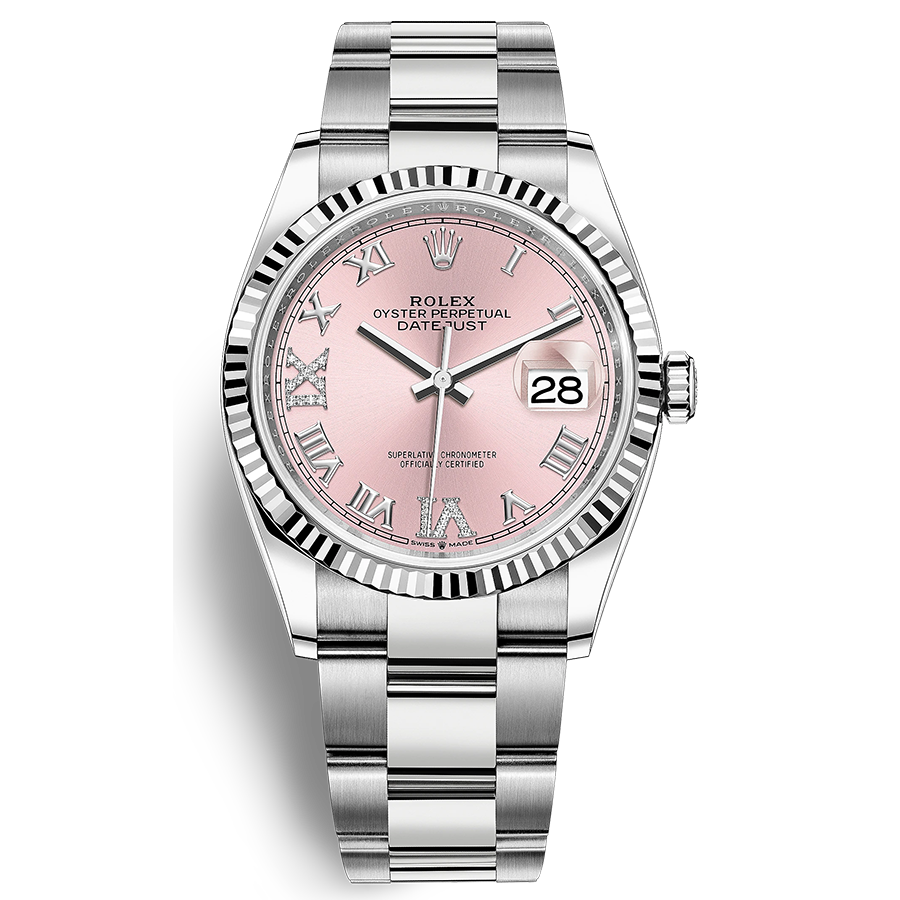 Rolex 1:1 Super Clone Datejust Pink Roman Numeral Diamond Dial Fluted Bezel 36mm 126234