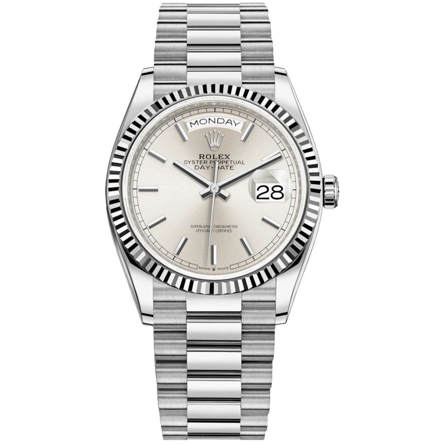 Rolex 1:1 Super Clone Day-Date Silver Dial Fluted Bezel 36mm 128239