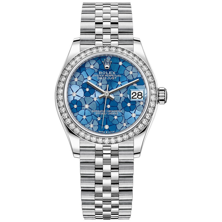 Rolex 1:1 Super Clone Datejust Azzurro Blue Floral Motif Dial Diamond Bezel 31mm 278384RBR