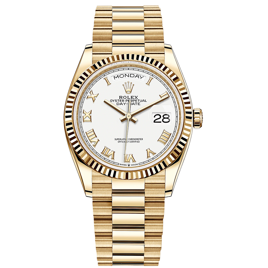Rolex 1:1 Super Clone Day-Date 36mm Presidential 128238 Fluted Bezel White Roman Dial
