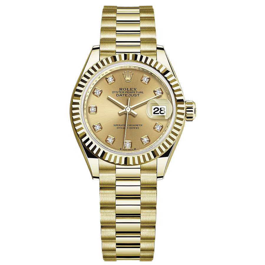 Rolex 1:1 Super Clone Lady-Datejust Champagne Diamond Dial Fluted Bezel 28mm 279178