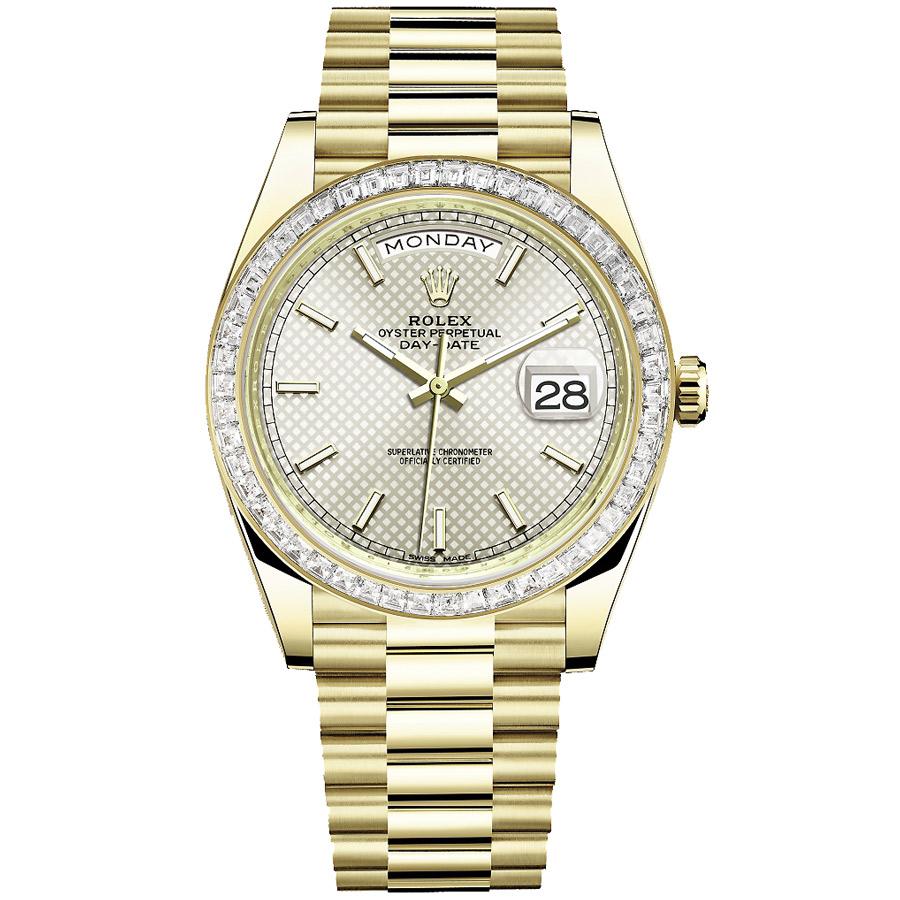 Rolex 1:1 Super Clone Day-Date 40 Presidential 228398 Baguette Diamond Bezel Silver Dial