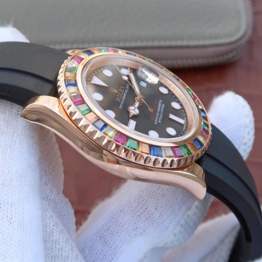 Rolex 1:1 Super Clone Yacht-Master 1 Golden Diamond Bezel Black Dial Rubber Strap 40mm