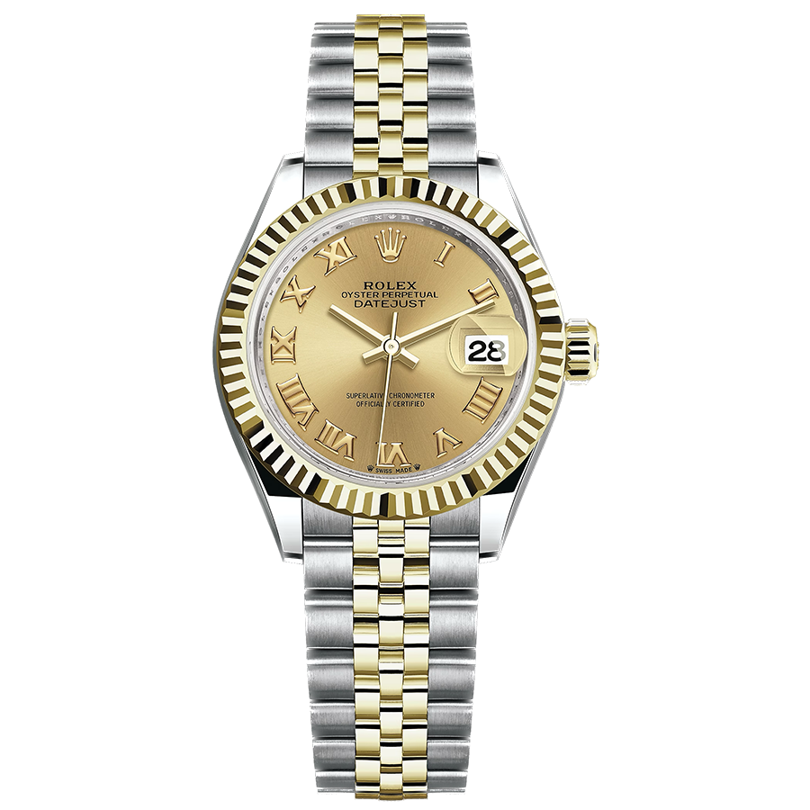 Rolex 1:1 Super Clone Lady-Datejust Champagne Roman Numeral Dial Fluted Bezel 28mm 279173