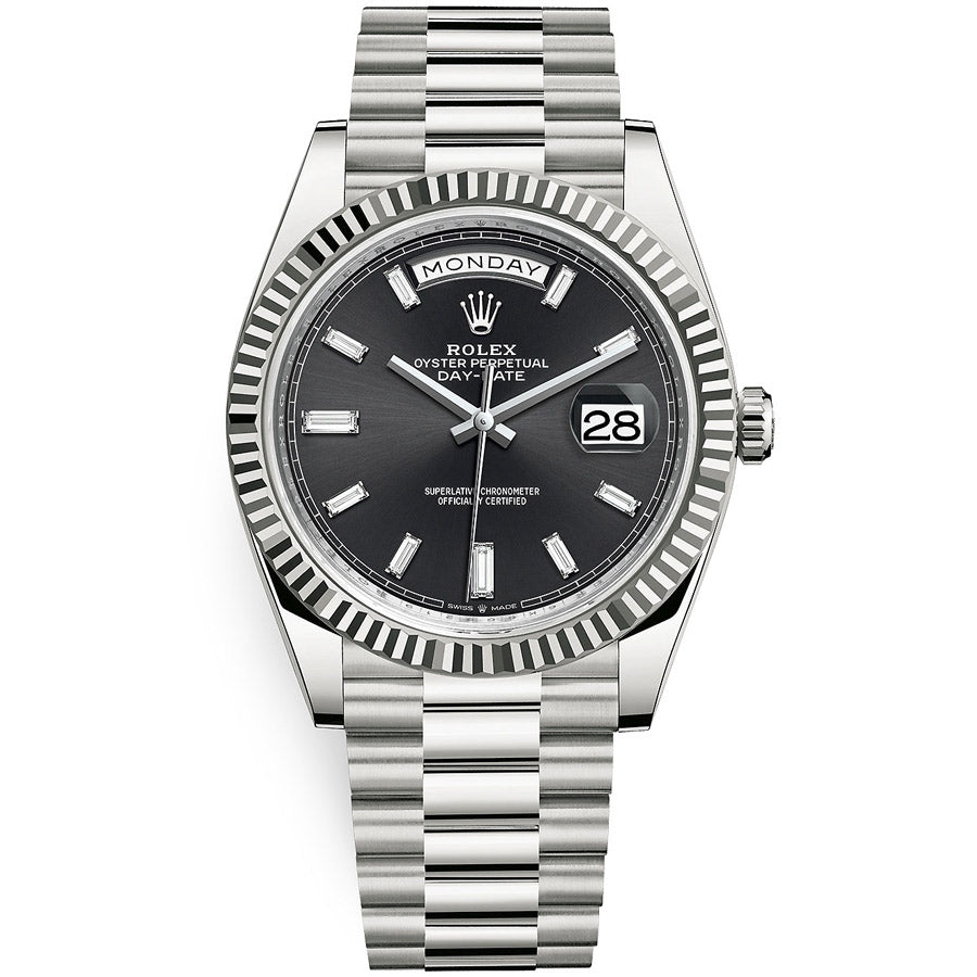 Rolex 1:1 Super Clone Day-Date 40 Presidential 228239 Fluted Bezel Baguette Diamond Black Dial