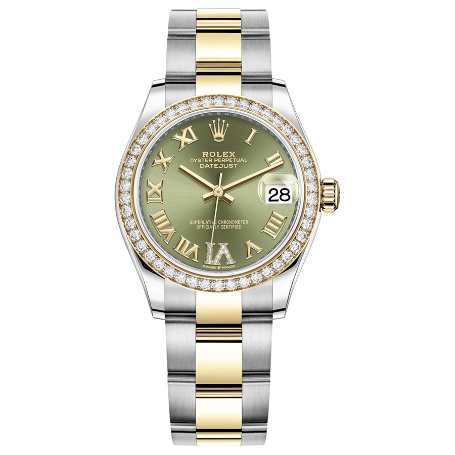 Rolex 1:1 Super Clone Datejust Olive Green Diamond Roman Numeral Dial Diamond Bezel 31mm 278383RBR