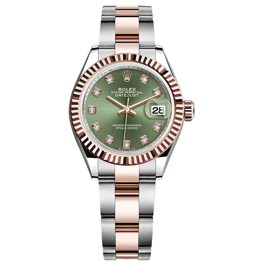 Rolex 1:1 Super Clone Lady-Datejust Olive-Green Diamond Dial Fluted Bezel 28mm 279171