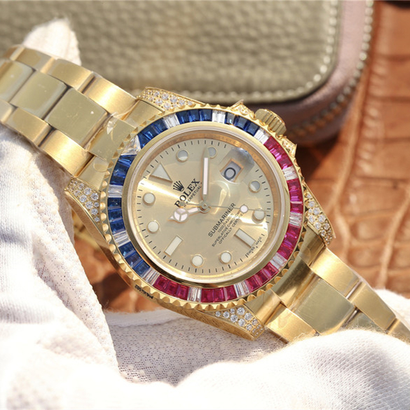Rolex 1:1 Super Clone Submariner Golden Blue / Red Diamond Gold Dial 40mm