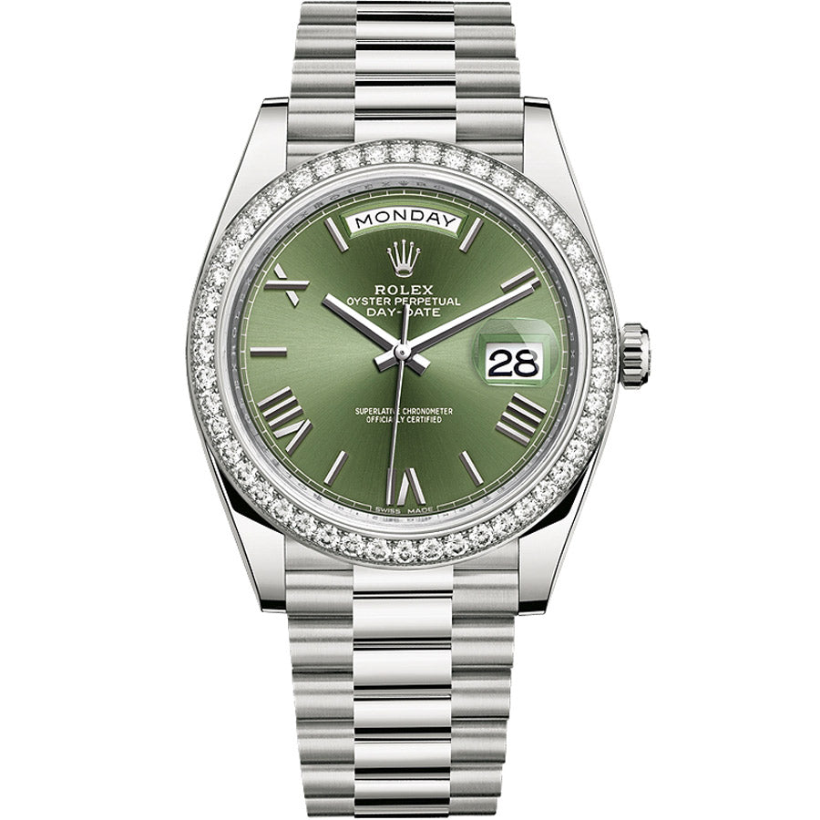 Rolex 1:1 Super Clone Day-Date 40 Presidential 228349 Diamond Bezel Olive Green Dial