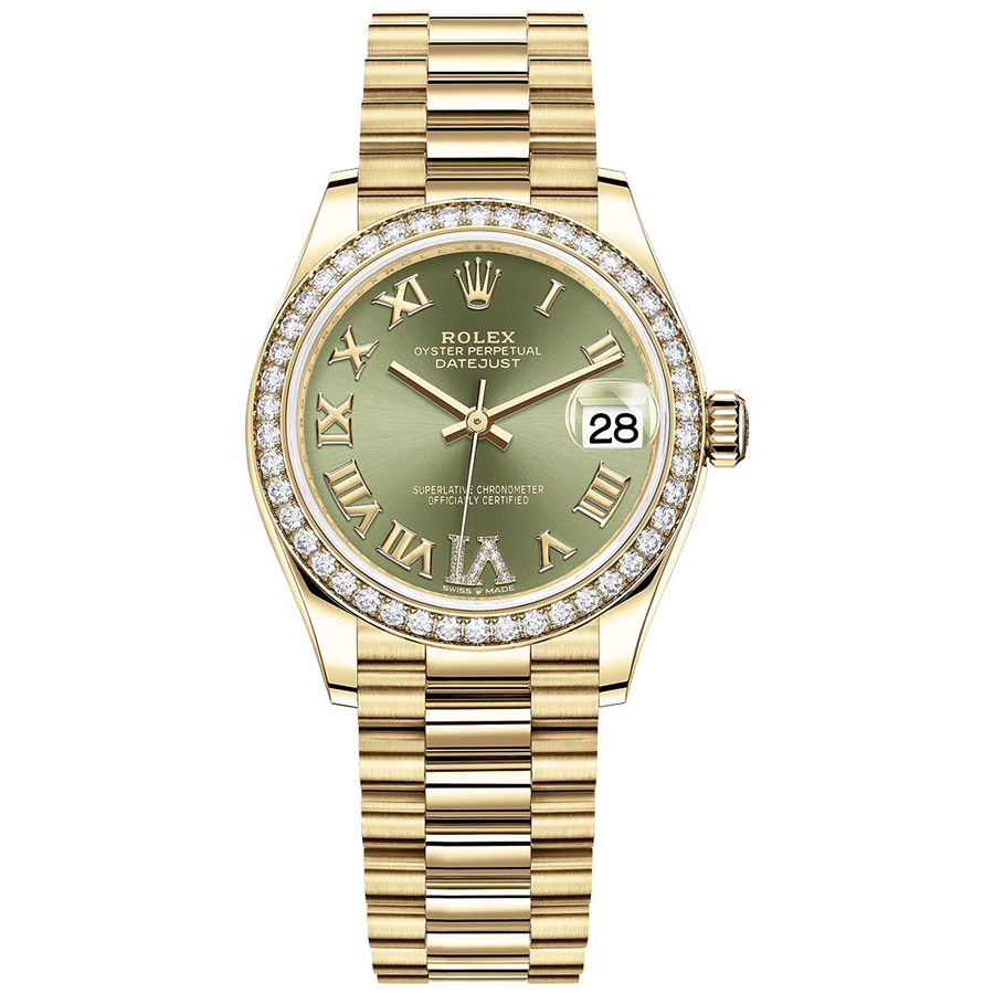 Rolex 1:1 Super Clone Datejust Olive Green Diamond Roman Numeral Dial Diamond Bezel 31mm 278288RBR