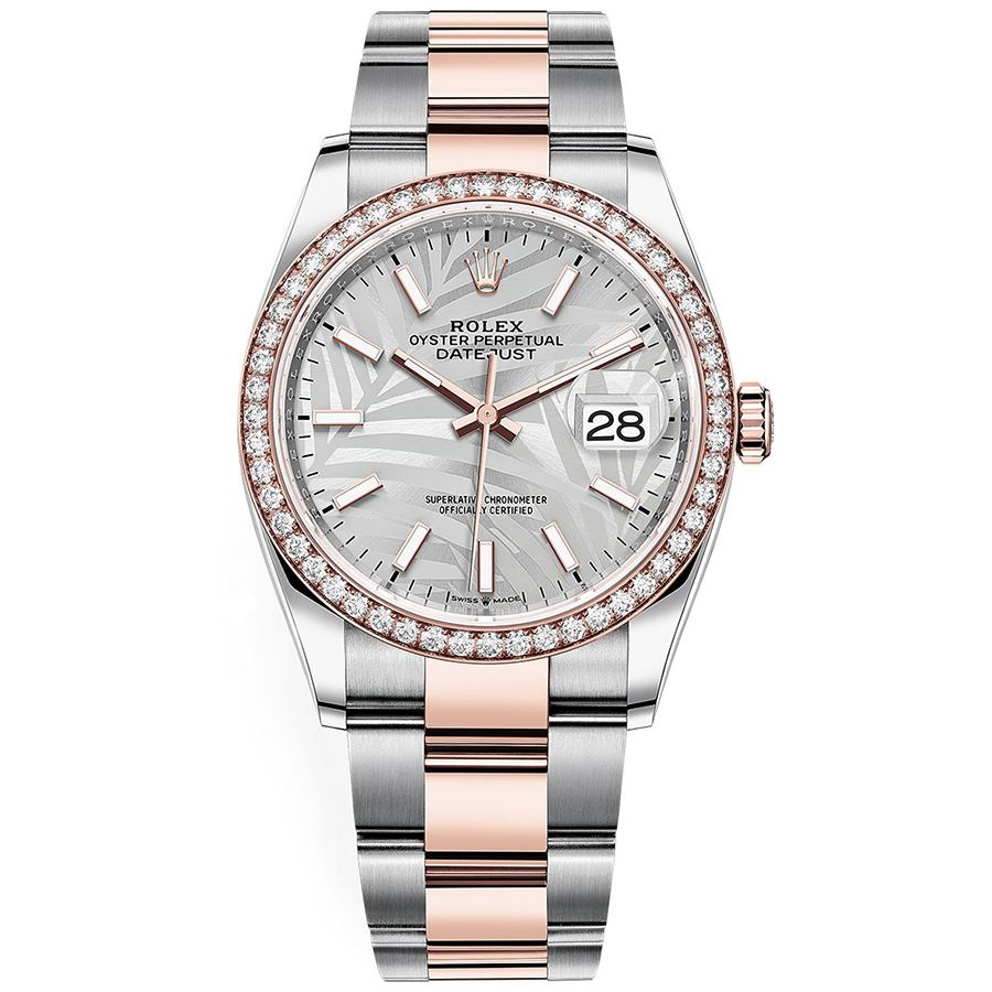 Rolex 1:1 Super Clone Datejust Silver Palm Motif Dial Diamond Bezel 36mm 126281RBR