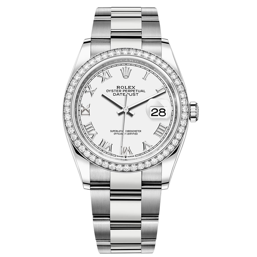 Rolex 1:1 Super Clone Datejust White Roman Numeral Dial Diamond Bezel 36mm 126284RBR