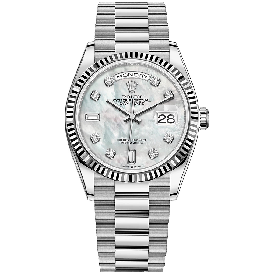 Rolex 1:1 Super Clone Day-Date Mother Of Pearl Diamond Dial Fluted Bezel 36mm 128239