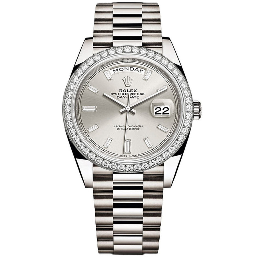 Rolex 1:1 Super Clone Day-Date 40 Presidential 228349 Diamond Bezel Baguette Diamond Silver Dial