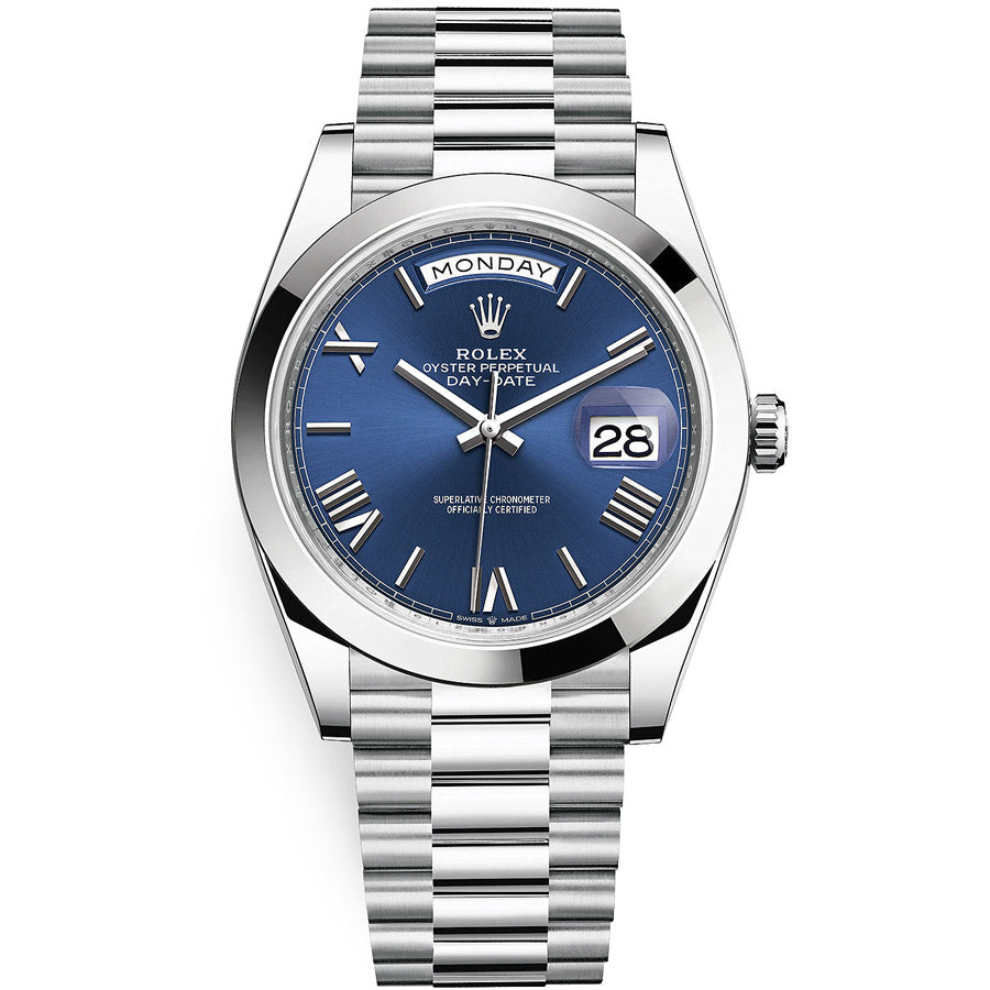 Rolex 1:1 Super Clone Day-Date 40 Platinum Presidential 228206 Smooth Bezel Blue Dial