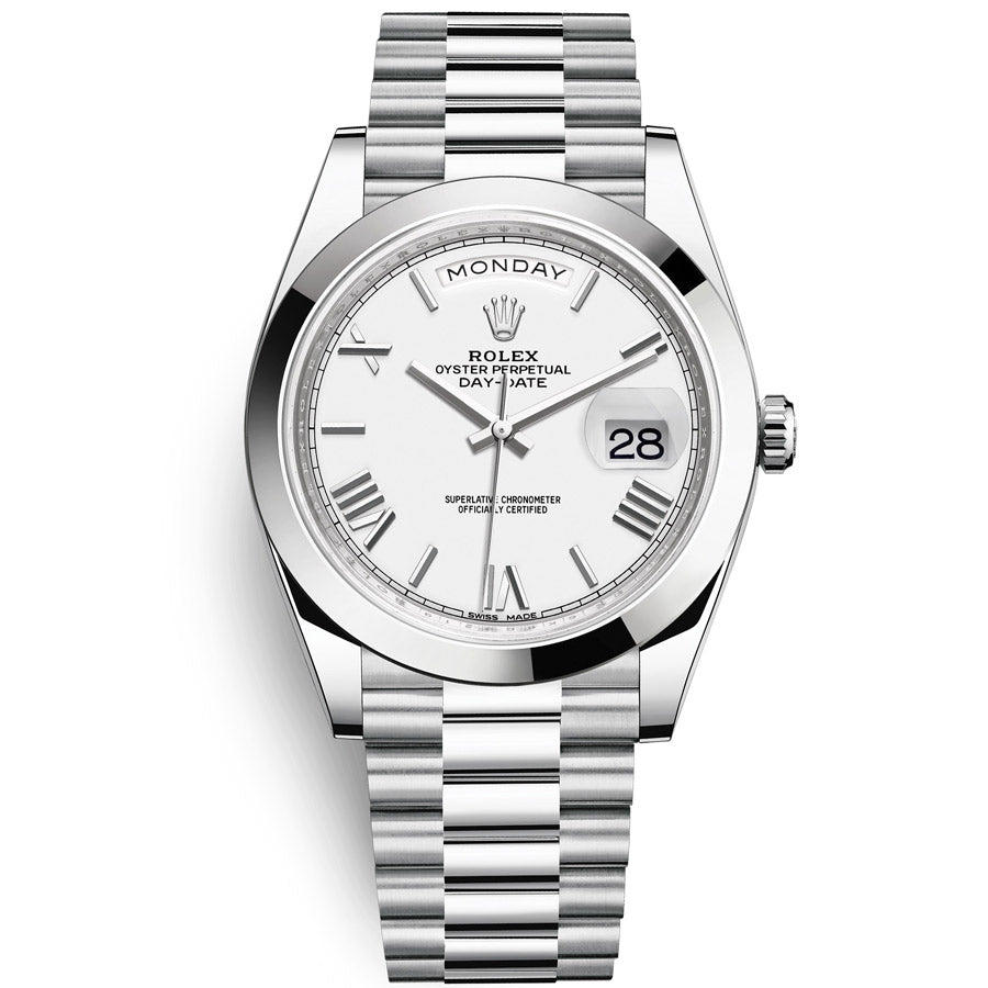 Rolex 1:1 Super Clone Day-Date 40 Platinum Presidential 228206 Smooth Bezel White Dial
