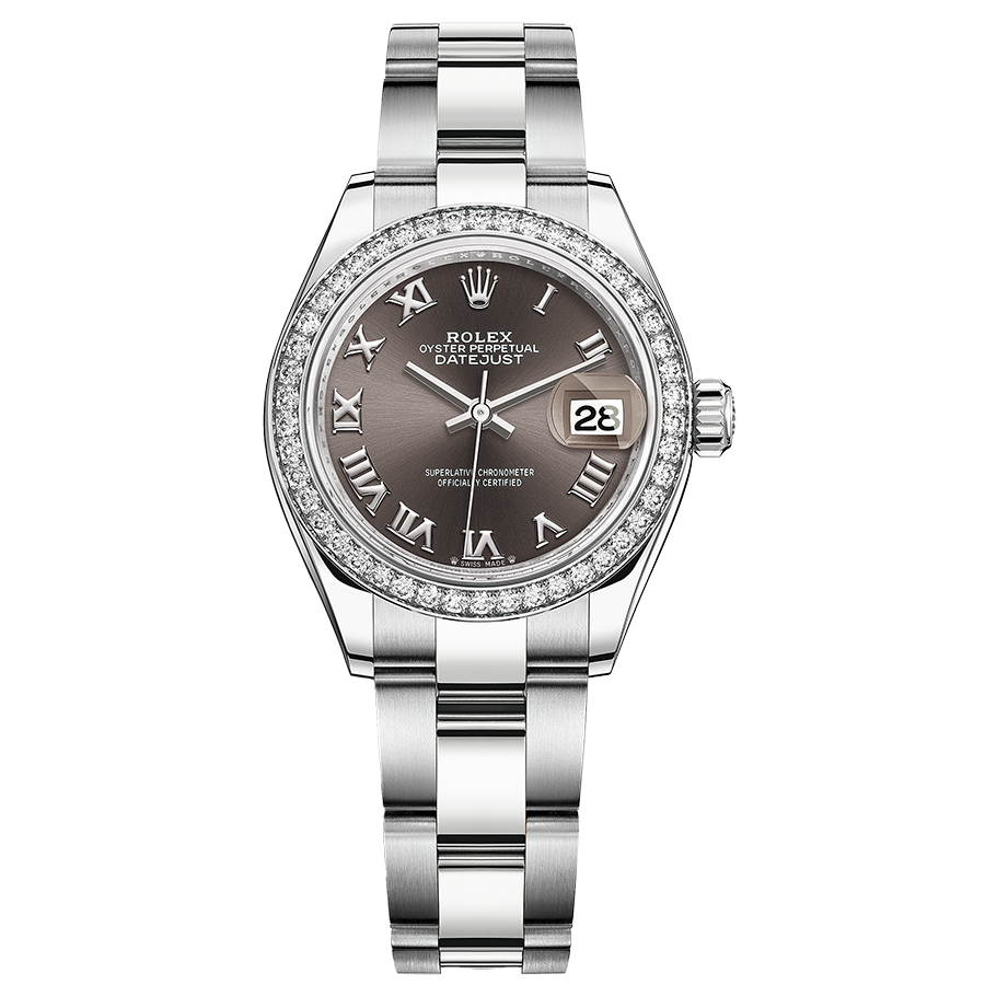 Rolex 1:1 Super Clone Lady-Datejust Dark Grey Roman Numeral Dial Diamond Bezel 28mm 279384RBR