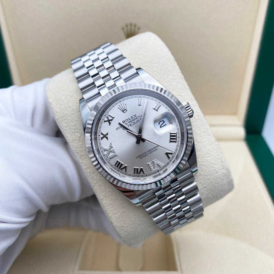 Rolex 1:1 Super Clone Datejust 36mm Fluted Bezel Jubilee Bracelet Silver Diamond 6 and 9 Hour Marker Dial
