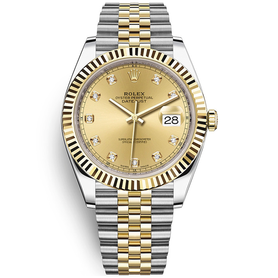 Rolex 1:1 Super Clone Datejust 41mm Champagne Diamond Dial Fluted Bezel 126333