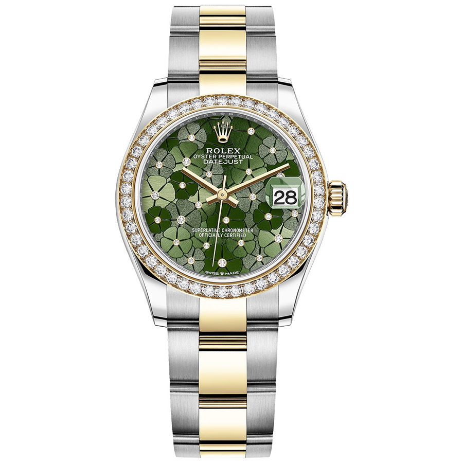 Rolex 1:1 Super Clone Datejust Olive Green Floral Motif Dial Diamond Bezel 31mm 278383RBR